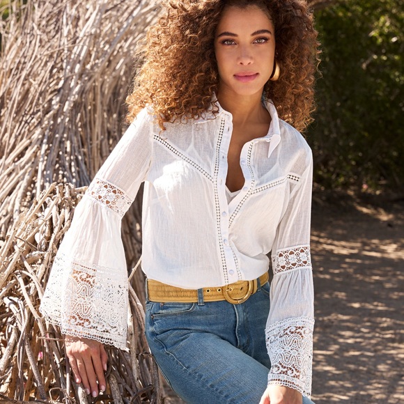 Boston Proper Tops - Romantic White Flare sleeve Lace Trim Cotton Button Up Shirt Classic Size 8 READ